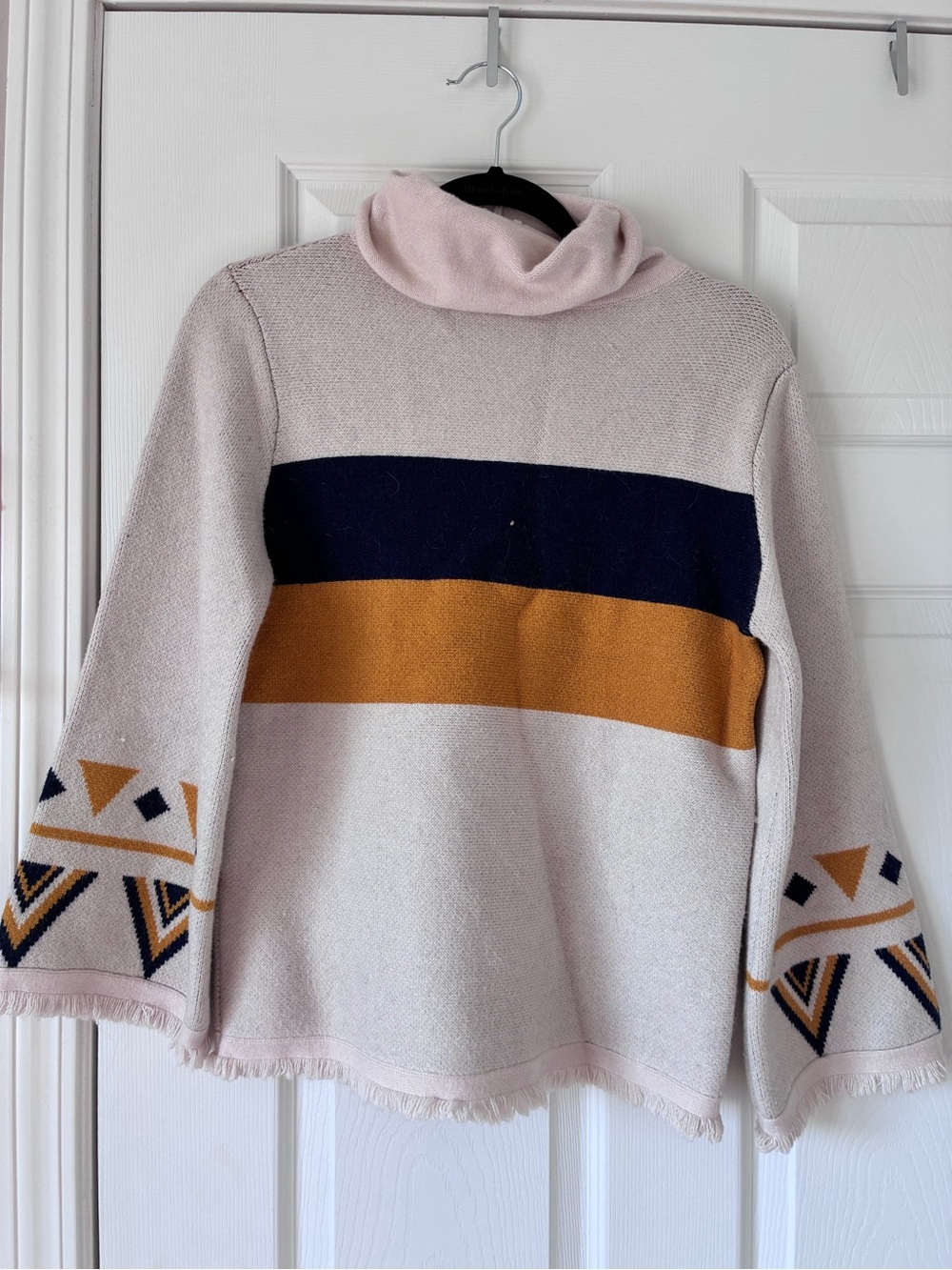 THML Pale Pink Cowl-Neck Sweater with Navy & Mustard Stripes